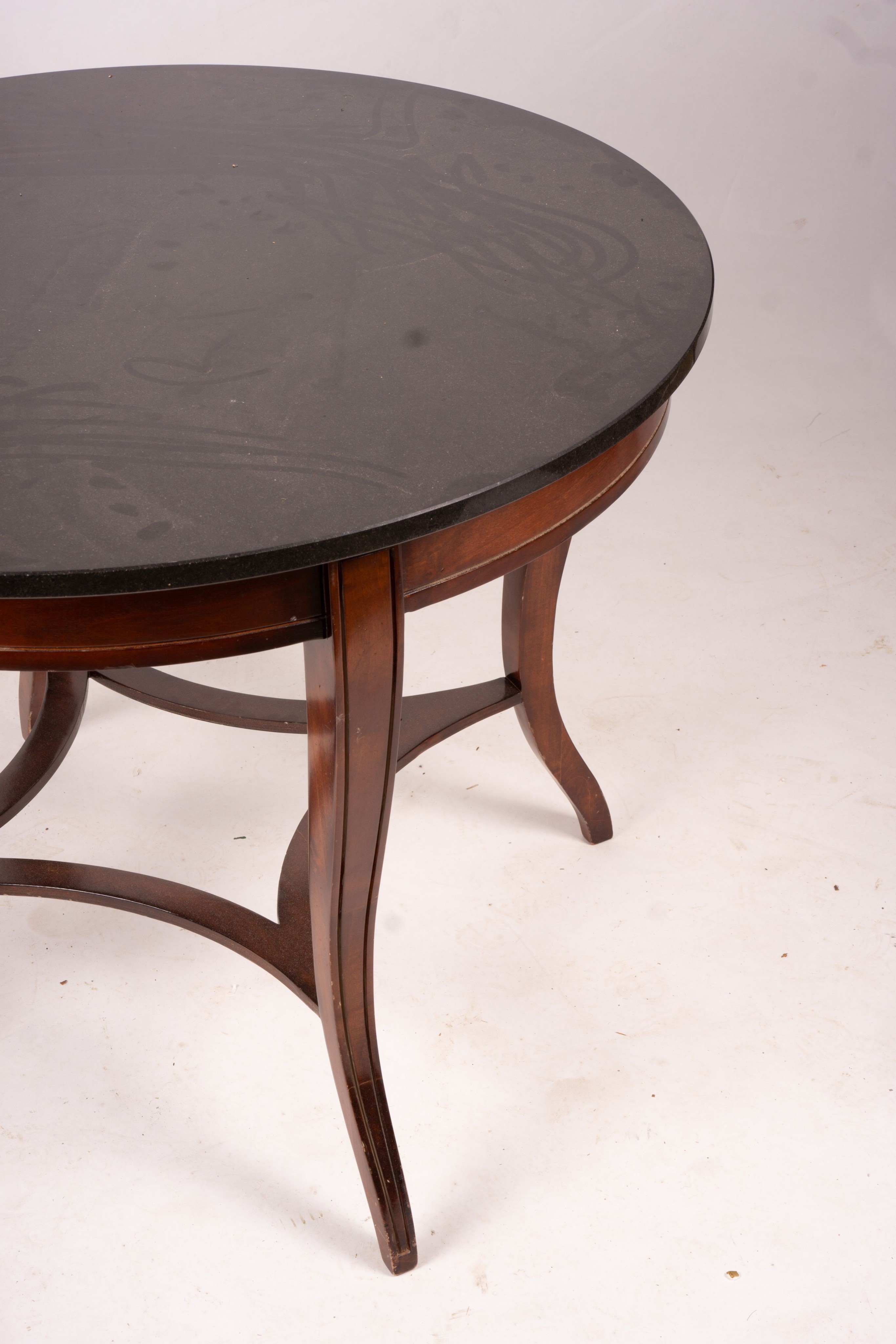 A reproduction French Empire style circular mahogany marble top centre table, diameter 96cm, height 73cm